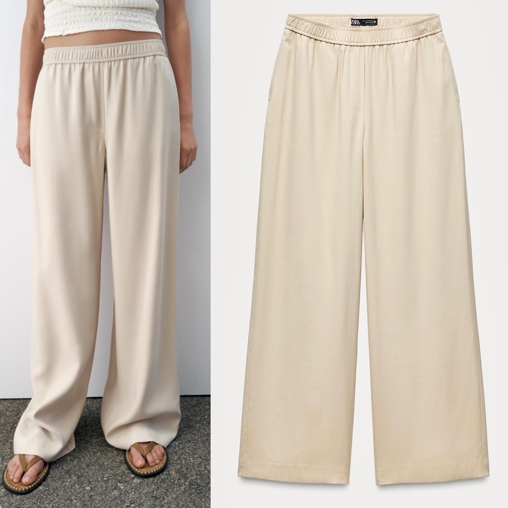 Wide-Leg Cream Pull-On Pants